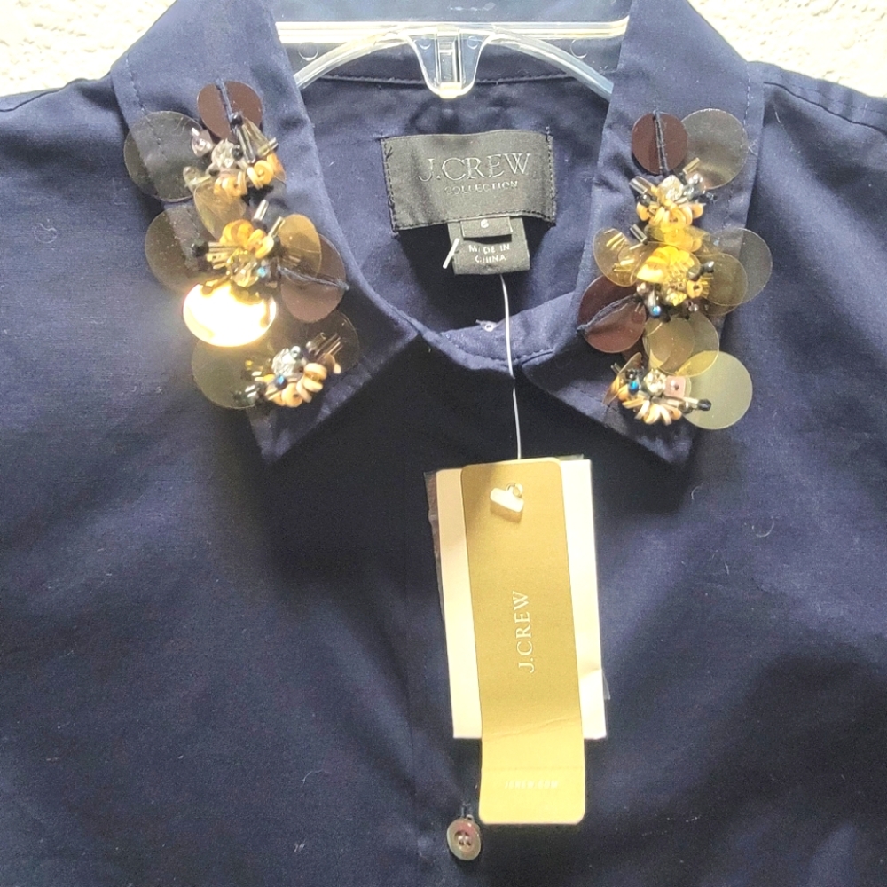 NWT J. Crew Collection button down with sequin detail on collar. Size 6.